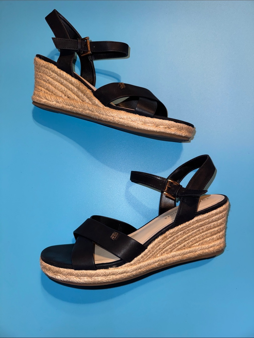 Tommy Hilfiger Black Wedge Espadrilles Sandals Sz 10